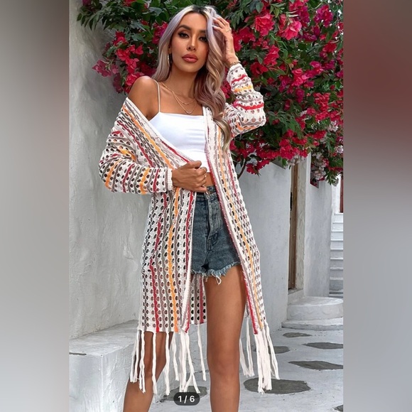 SHEIN Sweaters - Shein women’s striped hollowed-out knit cardigan